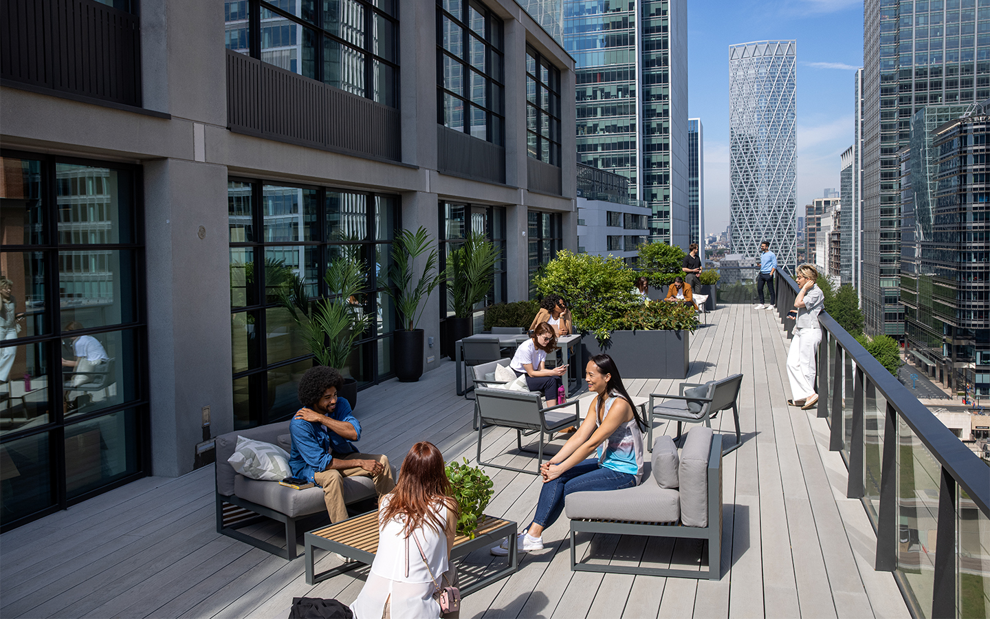 One Canada Square terrace with people talking