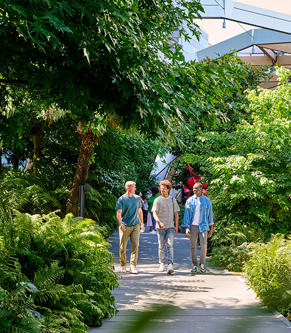 Three men walking through Crossrail Place Roof Garden in the sunshine