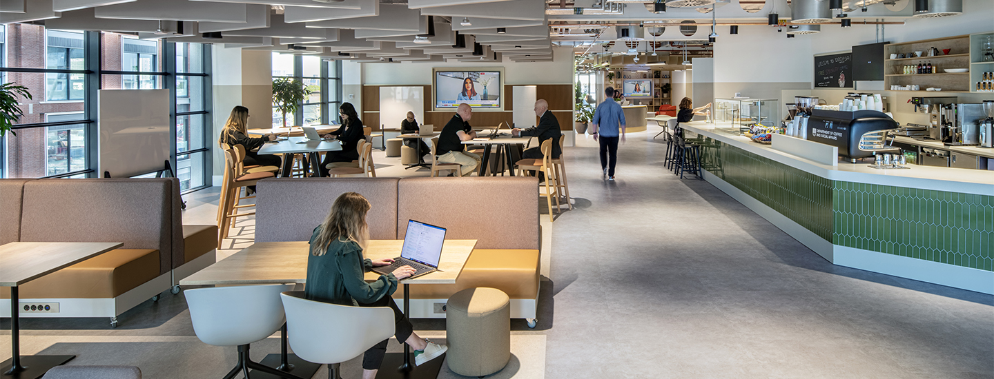 Open plan office and communal area at 20 Water Street