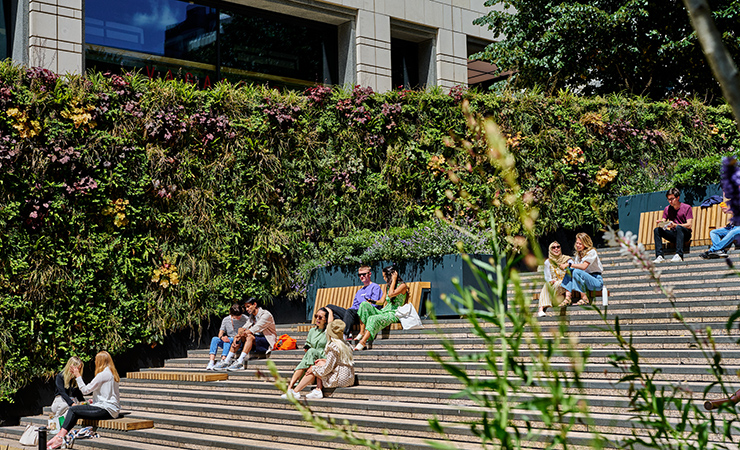 People sitting on the steps next a living wall at Canary Wharf